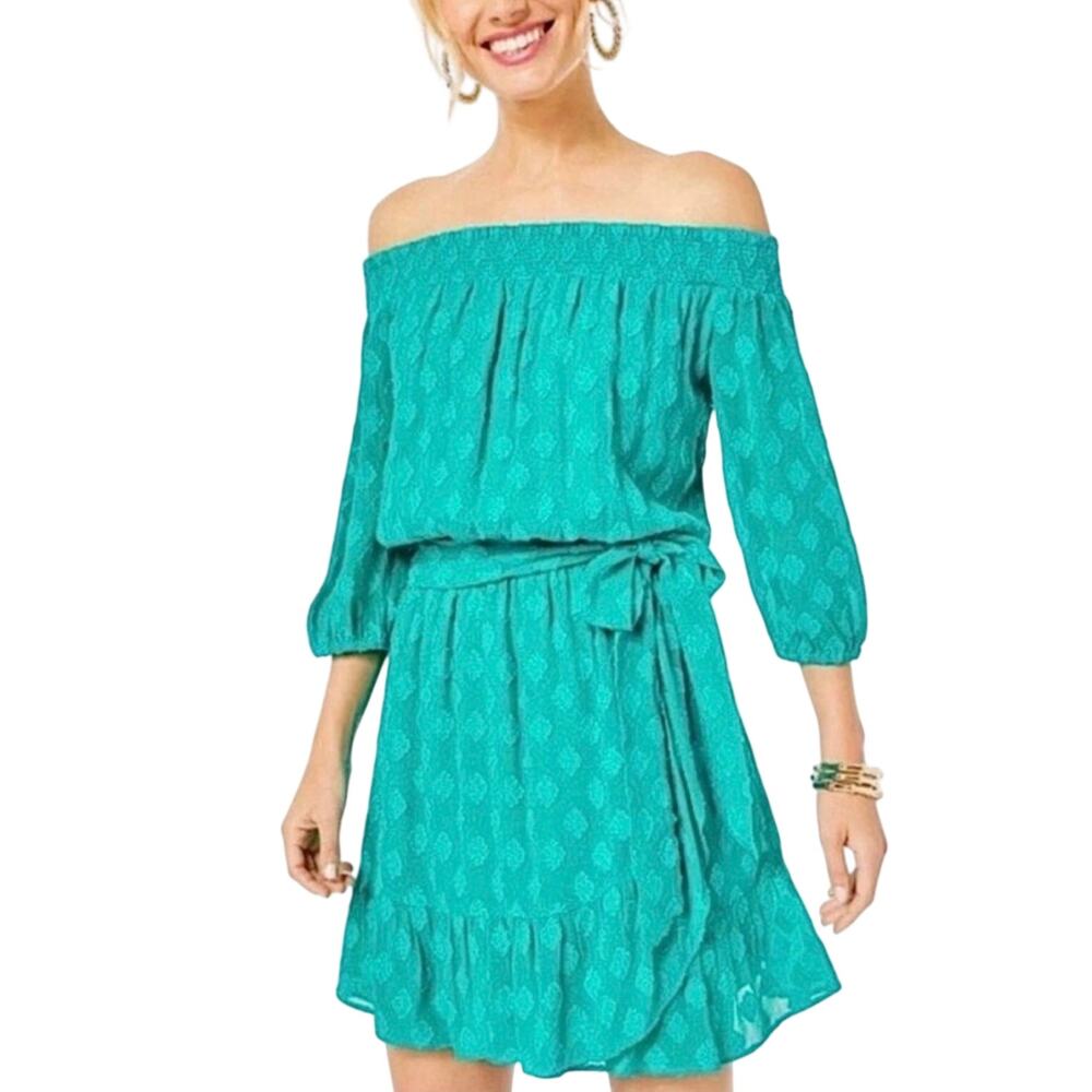 Lilly Pulitzer Off Shoulder Rochelle Dress Romper With Belt Water Lily Green M